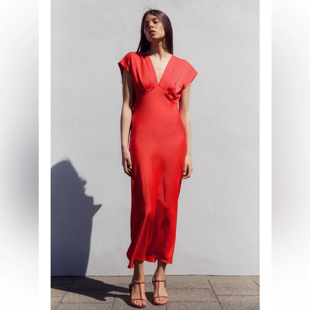 Zara Satin Red Dress NWT - Picture 5 of 11